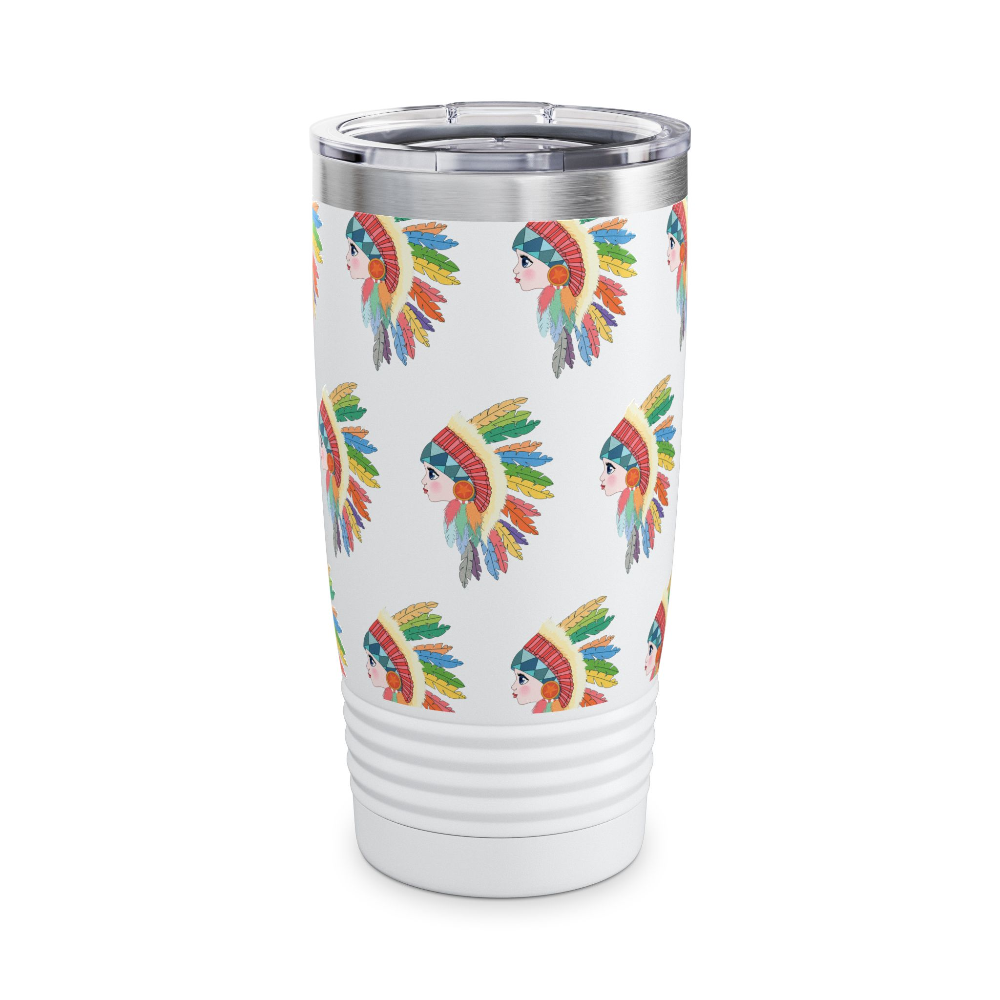 14024958591517890317_2048.jpeg Colorful Feather Headdress 20oz Ringneck Tumbler — Insulated Travel Cup - Image 1