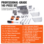 VEVOR Mechanics Tool Set And Socket Set,  Drive Deep And Standard Sockets, 145 Pcs SAE And Metric Mechanic Tool Kit With Bits, Combination Wrench, Hex Wrenches, Accessories, Storage Case - Image 8